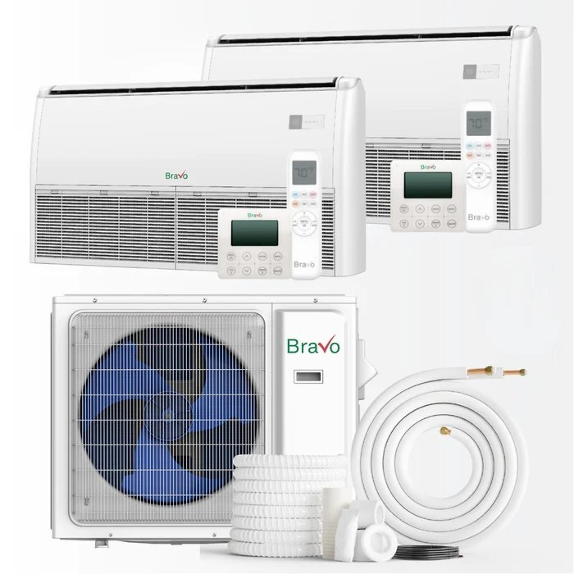 Bravo Milano Series 2-Zone Ductless Mini Split AC & Heat Pump -- 30000 BTU (2.5 Ton), Universal Floor Ceiling Units (9K+12K) BTU, Inverter Technology, 230V, Heating & Cooling